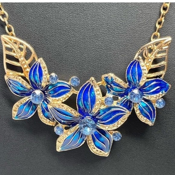 Fashion Jewelry Blue Floral Bling Rhinestone Necklace Earrings Set Unsigned #245 - Picture 6 of 12